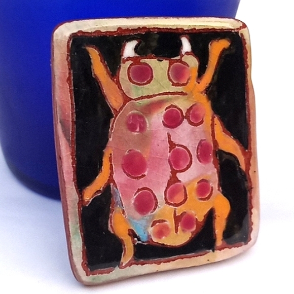 Valtallica's Vintage Jewelry - c'94 WASHINGTON LEDESMA HandMade Terracotta Beetle Brooch Wearable Pottery Art